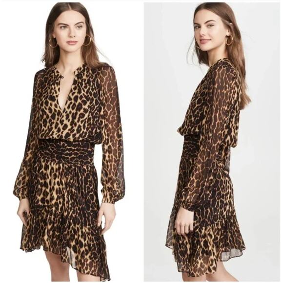 ALC Sidney Leopard Print Smocked Silk Mini Dress Women's Size 10 Glam Chiffon - Picture 9 of 9